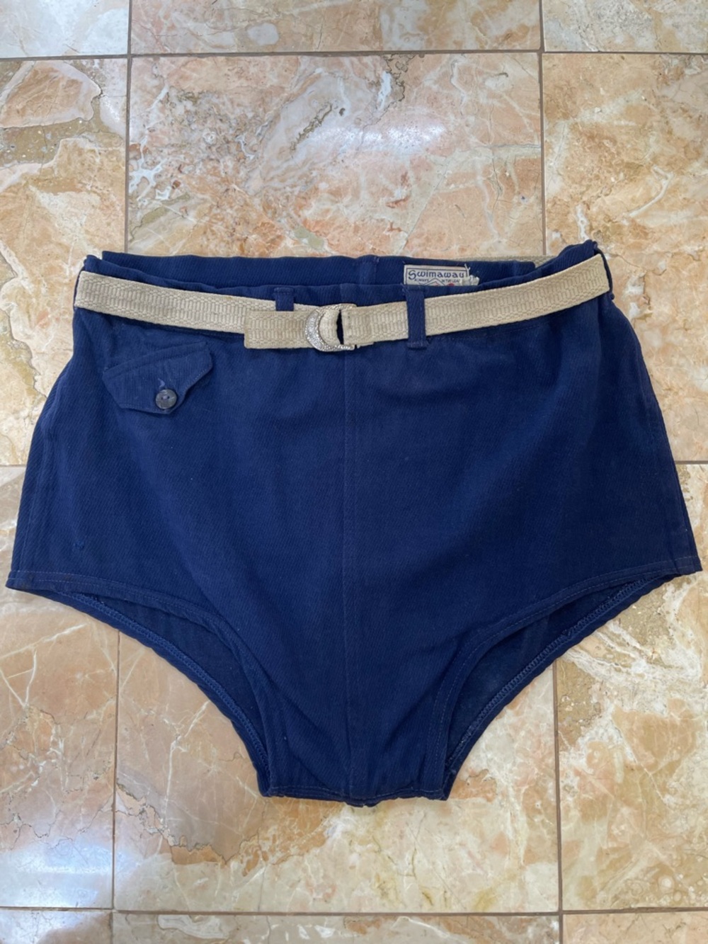 1940’s Swimaway Navy Blue Men’s Swim Trunks with silver metal and cloth Tan Belt